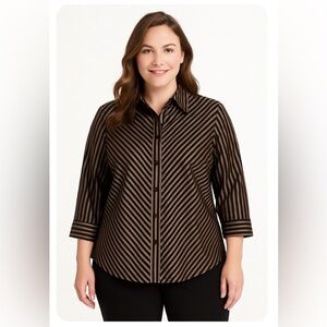 Foxcroft  Wrinkle-Free Black & Bronze
Striped Button Down Shirt — Size 18